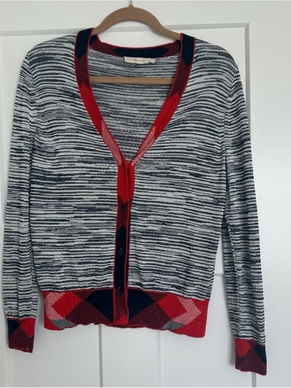 Tory Burch Striped V-Neck Cardigan with Red Trim - Picture 2 of 2